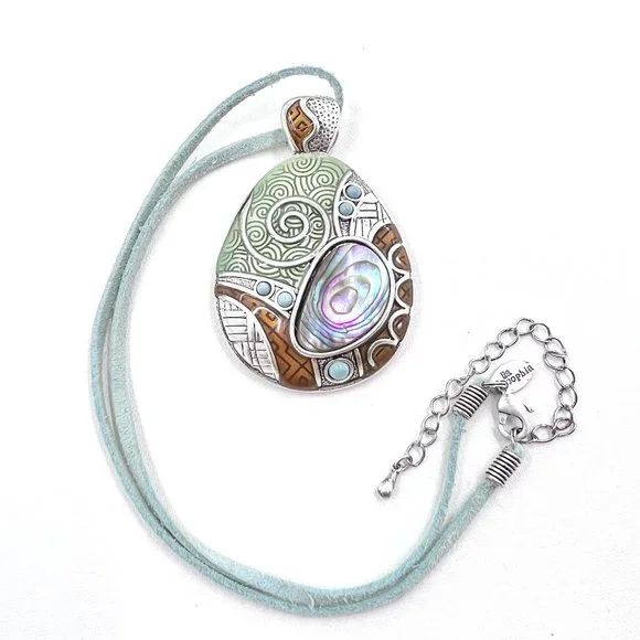 πHPπ Lia Sophia Abstract Enameled Abalone Silver Tone Pendant 16β Necklace - Picture 1 of 7